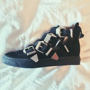 Jeffrey Campbell mesh buckled boots